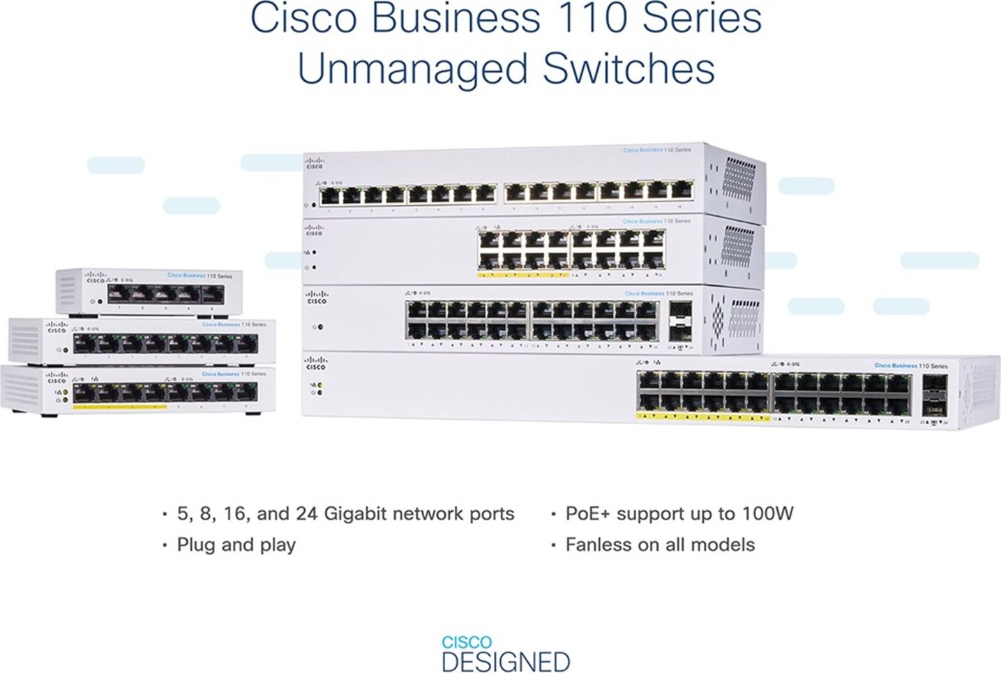 Cisco switch CBS110-24PP (24xGbE, 2xGbE/SFP combo, 12xPoE+, 100W, fanless) - REFRESH