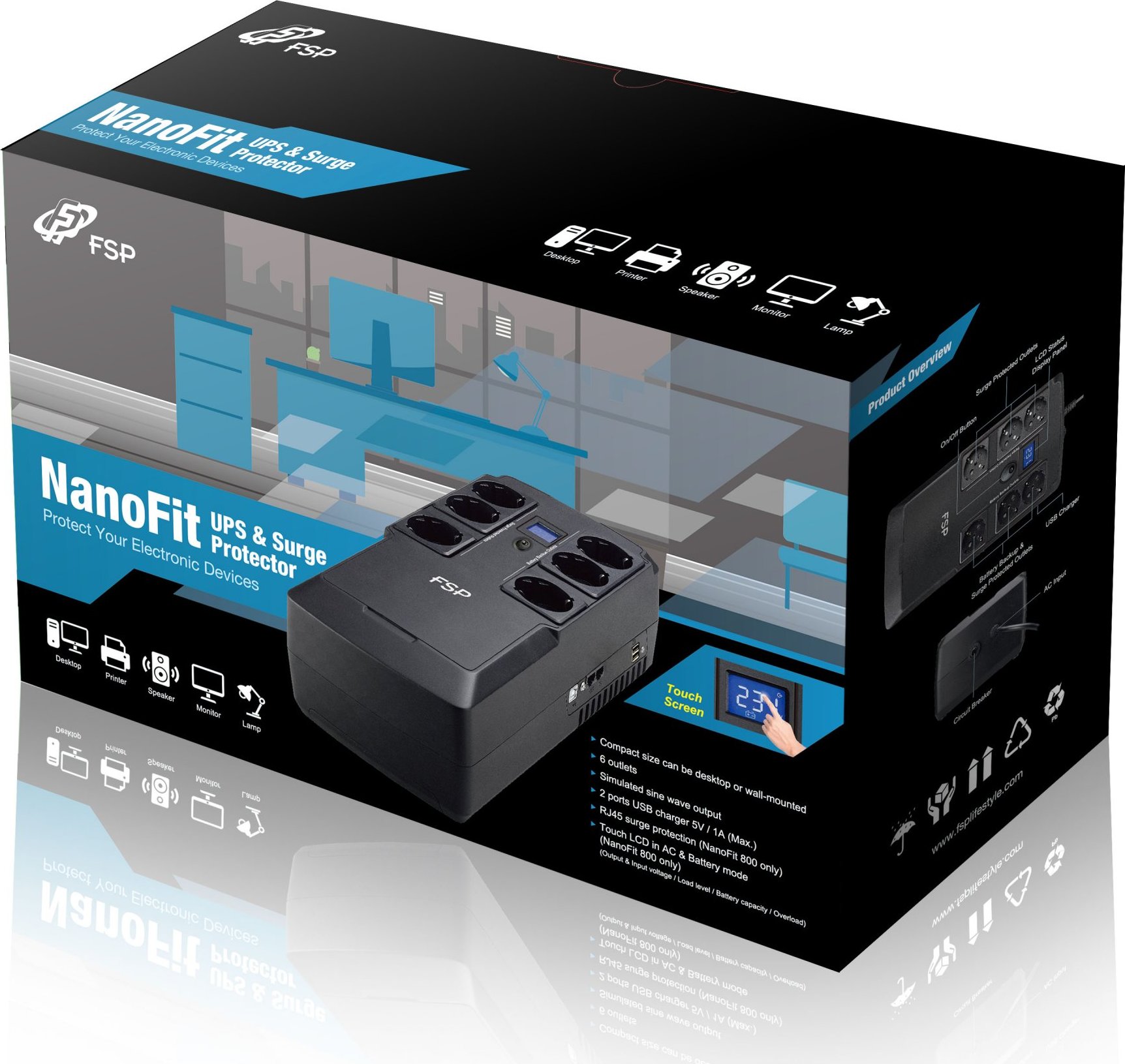 Fortron UPS FSP NanoFit 800, 800 VA, 2xUSB napájanie, LCD, RJ45, offline