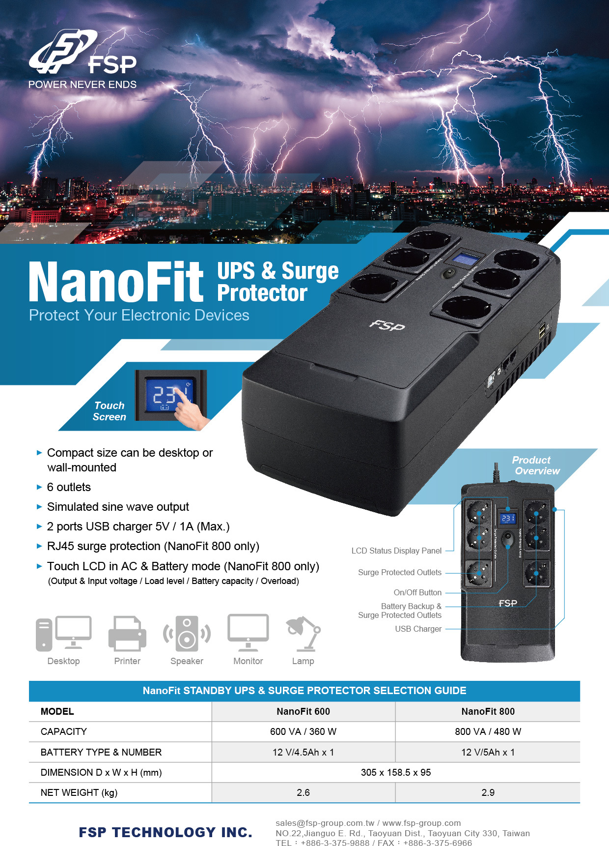Fortron UPS FSP NanoFit 800, 800 VA, 2xUSB napájanie, LCD, RJ45, offline