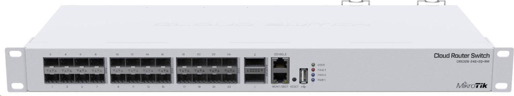 MikroTik Cloud Router Switch CRS326-24S+2Q+RM, 650MHz CPU, 64MB, 1x10/100, 24x10G, 2x40G, USB vrátane. L5