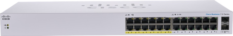 Cisco switch CBS110-24PP (24xGbE, 2xGbE/SFP combo, 12xPoE+, 100W, fanless)