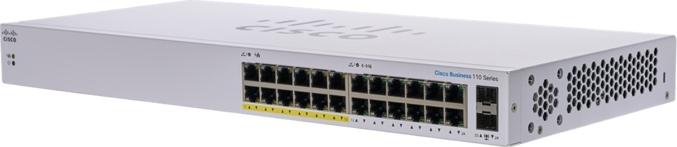 Cisco switch CBS110-24PP (24xGbE, 2xGbE/SFP combo, 12xPoE+, 100W, fanless)