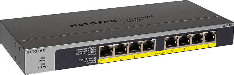 Netgear GS108LP 8-portový gigabitový PoE+ switch, 8x gigabitový port PoE, rozpočet PoE 60 W, bez ventilátora