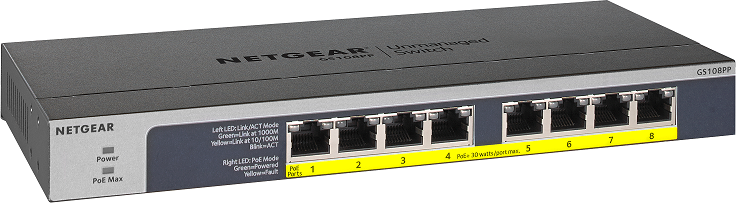 Netgear GS108PP 8-portový gigabitový PoE+ switch, 8x gigabitový port PoE, rozpočet PoE 123 W, bez ventilátora