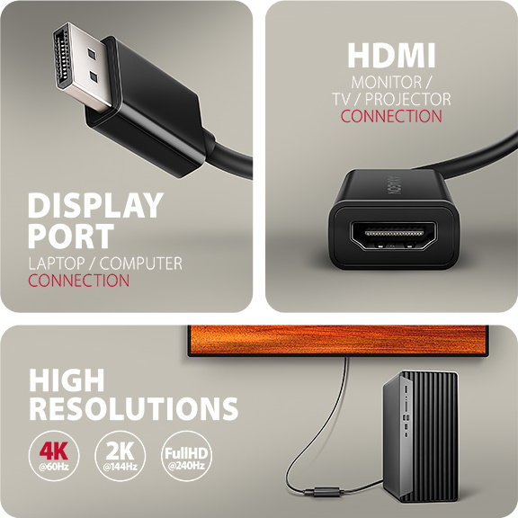 AXAGON RVD-HI20N, DisplayPort -> HDMI 2.0b redukcia / adaptér, 4K/60Hz