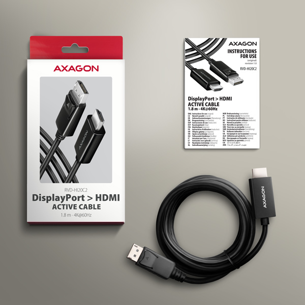 AXAGON RVD-HI20C2, DisplayPort -> HDMI 2.0b redukcia / kábel 1.8m, 4K/60Hz