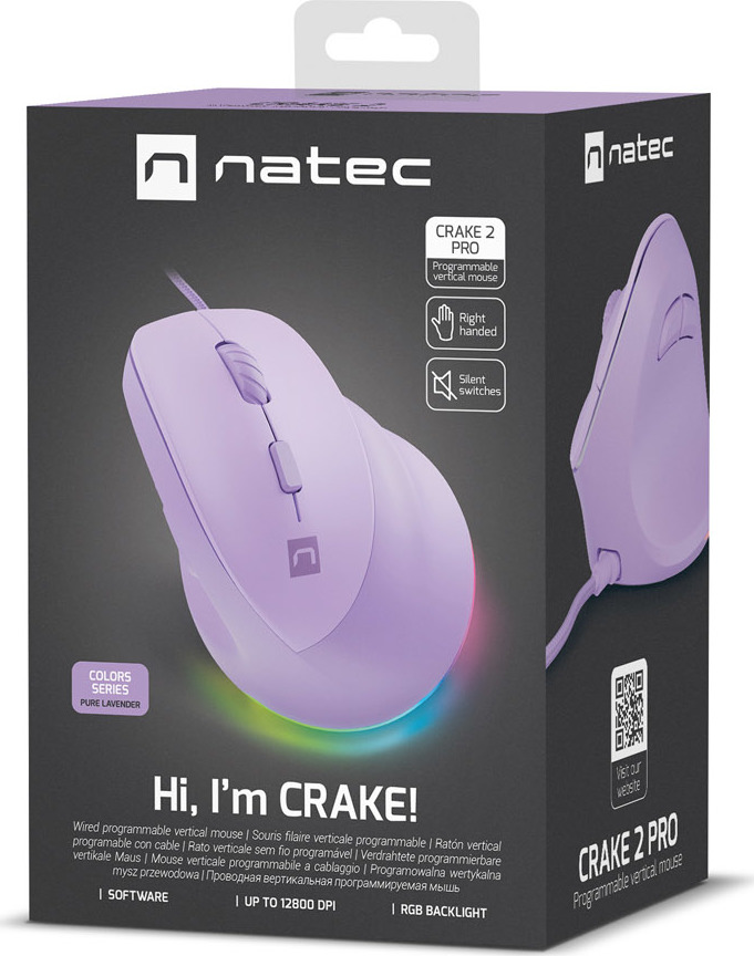 Vertikální myš Natec CRAKE 2 PRO/Vertikální/Optická/Pro praváky/12 400 DPI/Drátové USB-A/Fialová