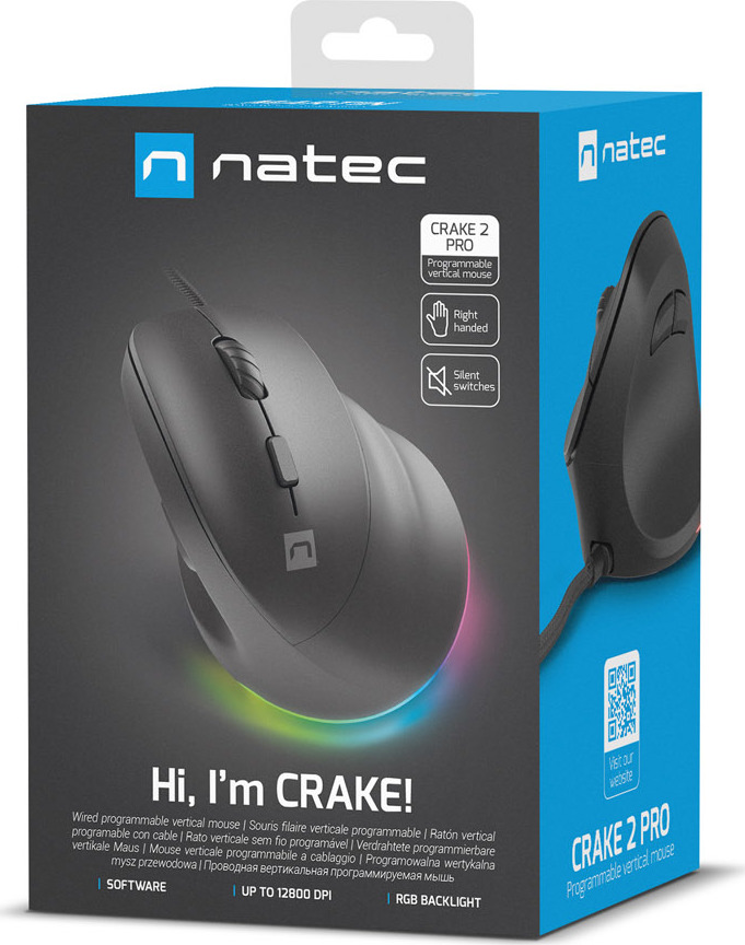 Vertikální myš Natec CRAKE 2 PRO/Vertikální/Optická/Pro praváky/12 400 DPI/Drátové USB-A/Černá