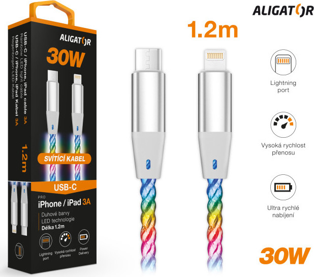 ALIGATOR Datový kabel LIGHT 3A, 30W USB-C/Lightning 1,2m