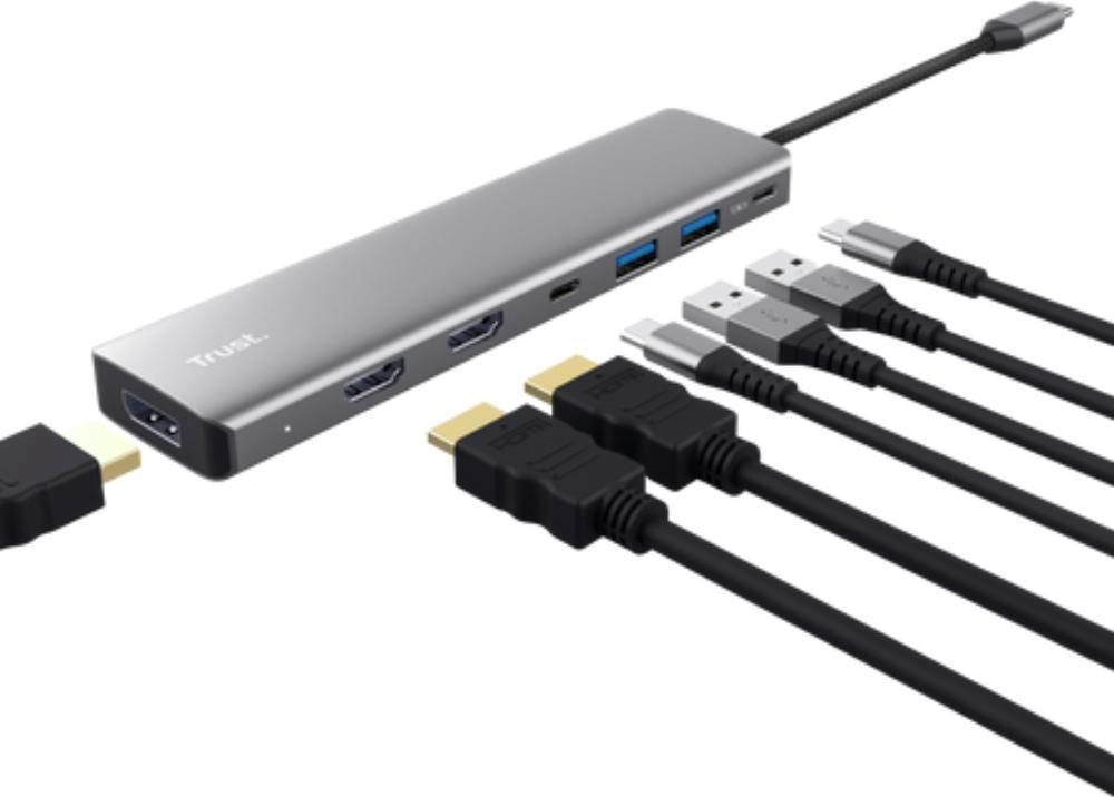 TRUST Dokovací stanice DALYX 7v1, 1xDP, 2xHDMI, 2xUSB-C, 2xUSB, šedá