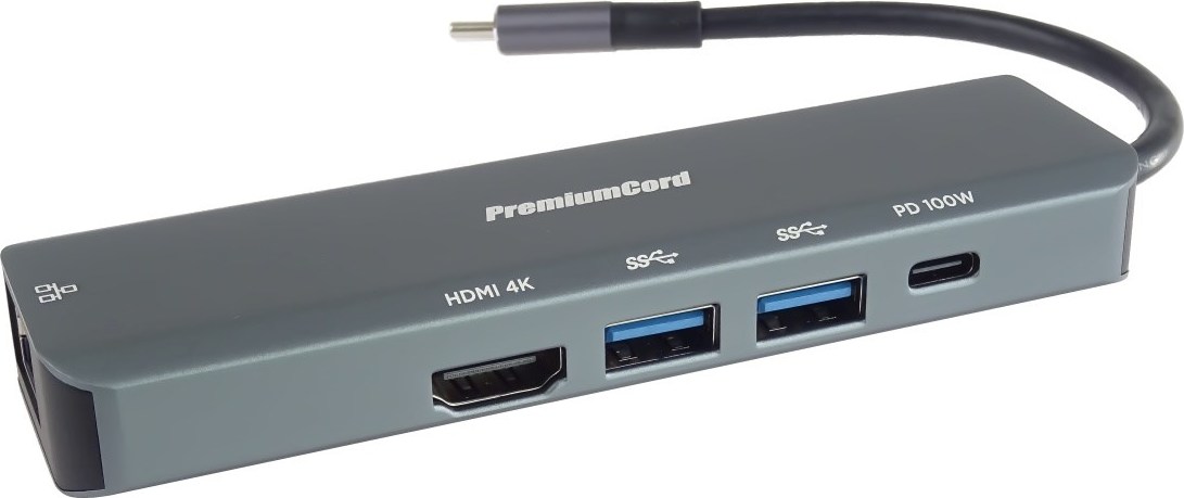 PREMIUMCORD Adaptér USB-C na Gigabit 10/100/1000Mbps + 1x HDMI,  2x USB3.2, 1x PD 100W konektor, Šedá