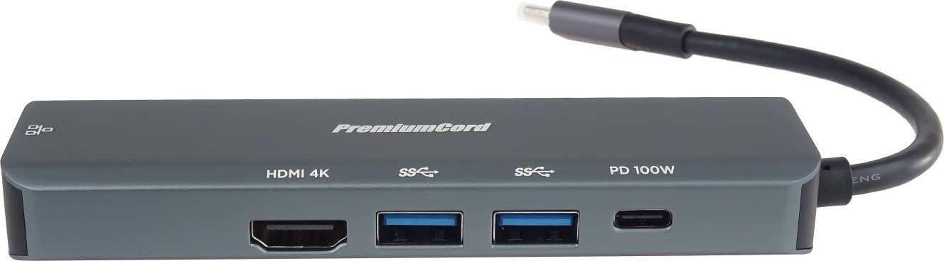 PREMIUMCORD Adaptér USB-C na Gigabit 10/100/1000Mbps + 1x HDMI,  2x USB3.2, 1x PD 100W konektor, Šedá