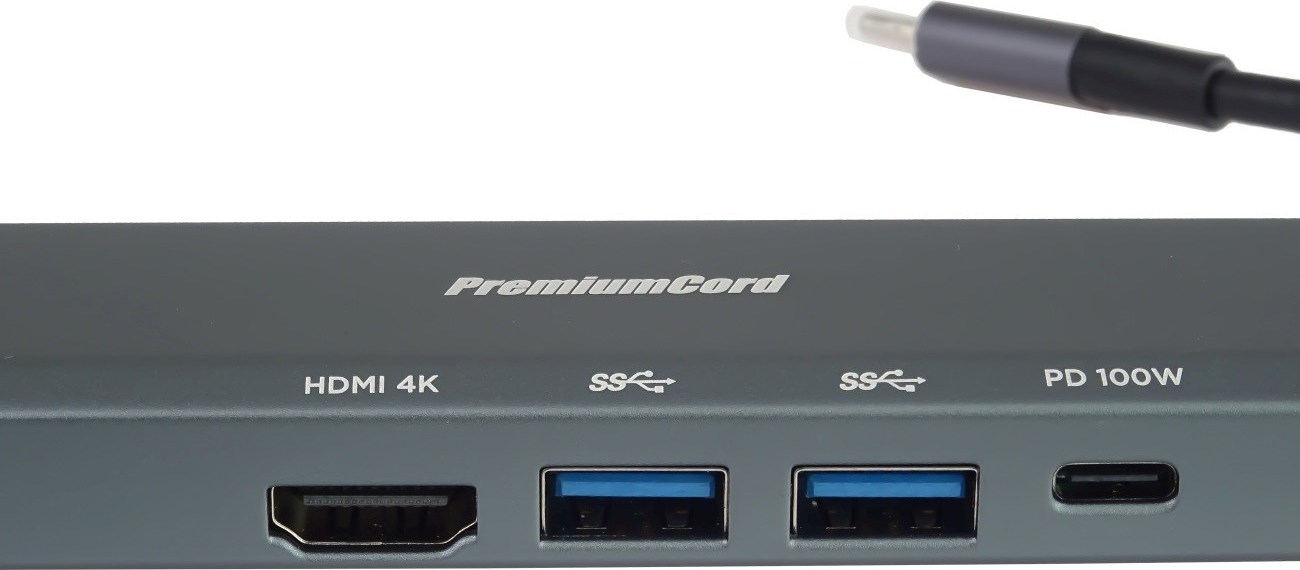 PREMIUMCORD Adaptér USB-C na Gigabit 10/100/1000Mbps + 1x HDMI,  2x USB3.2, 1x PD 100W konektor, Šedá
