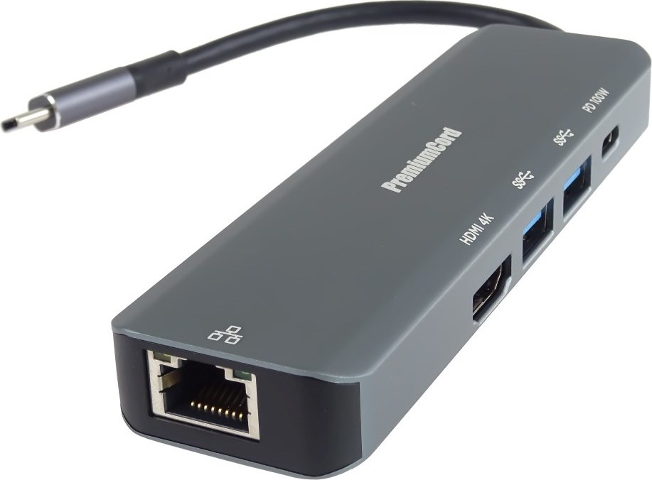PREMIUMCORD Adaptér USB-C na Gigabit 10/100/1000Mbps + 1x HDMI,  2x USB3.2, 1x PD 100W konektor, Šedá