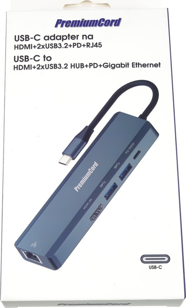 PREMIUMCORD Adaptér USB-C na Gigabit 10/100/1000Mbps + 1x HDMI,  2x USB3.2, 1x PD 100W konektor, Šedá