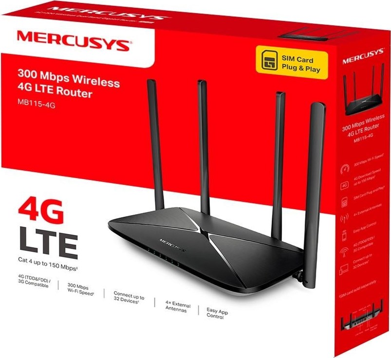 MERCUSYS MB115-4G WiFi4 router (N300, 4G LTE, 2,4GHz, 1x100Mb/s LAN/WAN,3x100Mb/s LAN,1xnanoSIM)