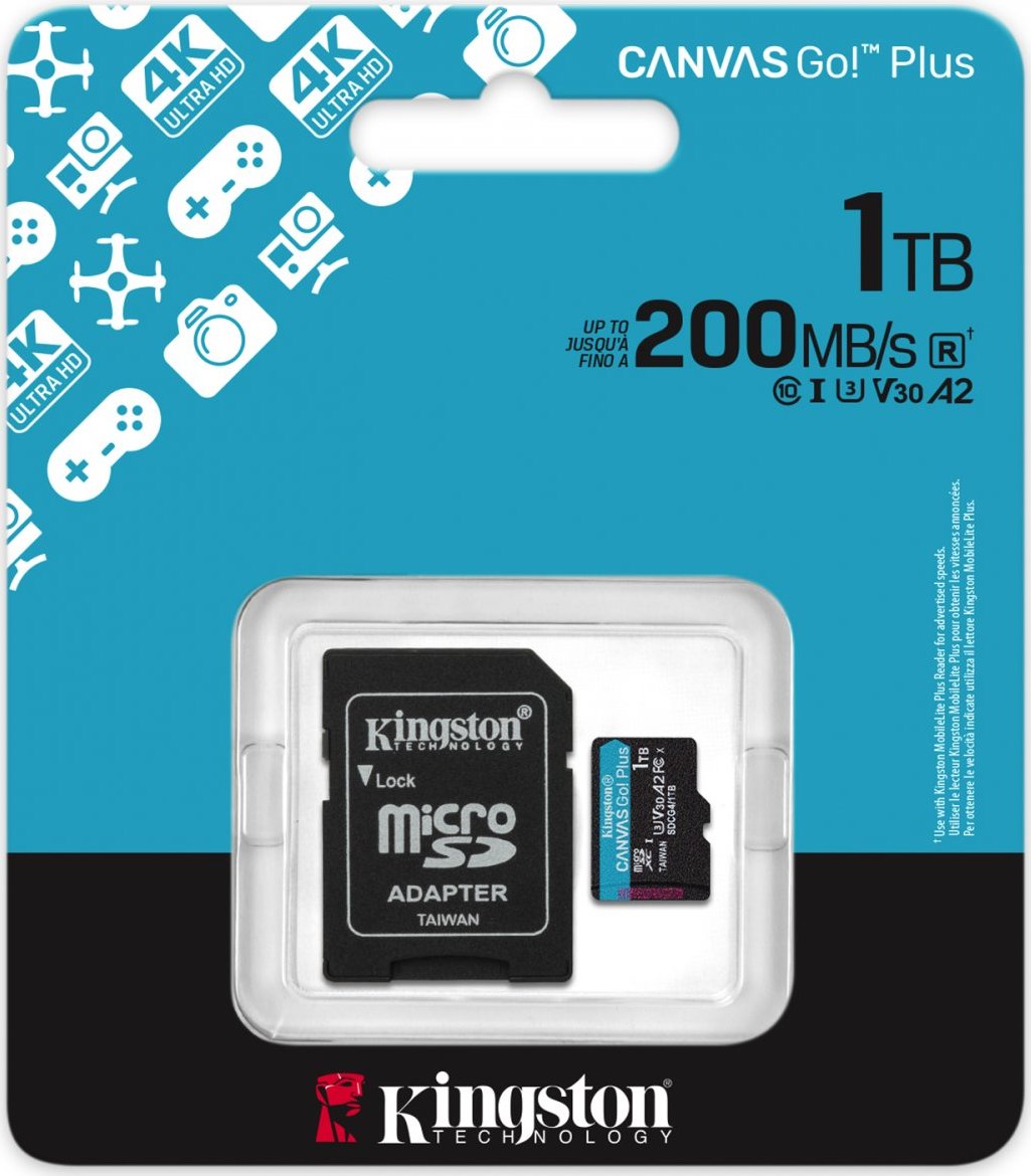 Kingston MicroSDXC karta 1TB Canvas Go! Plus, R:200/W:160MB/s, Class 10, UHS-I, U3, V30, A2 + Adaptér