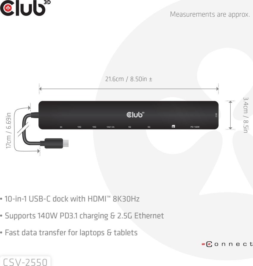 Club 3D Club3D Dokovací stanice USB-C 10v1, 140W PD, 1xHDMI, 3xUSB-C, 3xUSB, 1xRJ45, černá