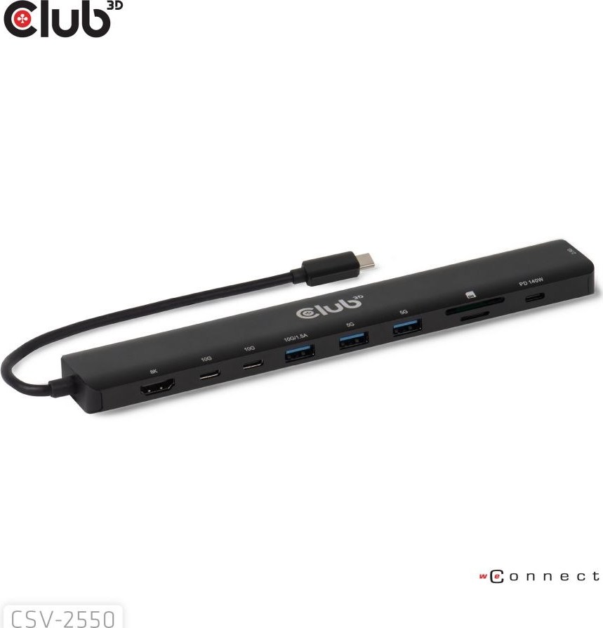 Club 3D Club3D Dokovací stanice USB-C 10v1, 140W PD, 1xHDMI, 3xUSB-C, 3xUSB, 1xRJ45, černá