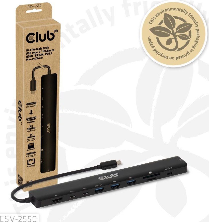 Club 3D Club3D Dokovací stanice USB-C 10v1, 140W PD, 1xHDMI, 3xUSB-C, 3xUSB, 1xRJ45, černá