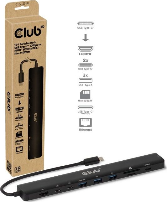 Club 3D Club3D Dokovací stanice USB-C 10v1, 140W PD, 1xHDMI, 3xUSB-C, 3xUSB, 1xRJ45, černá