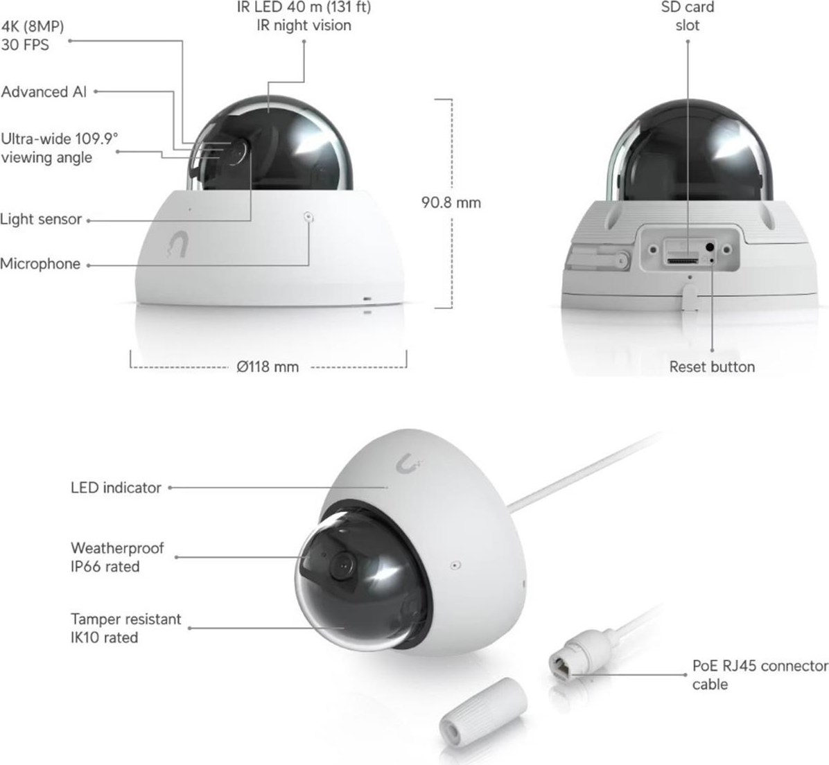 Ubiquiti UBNT UVC-AI-Dome-W - AI Dome PoE kamera, 8MP, bílá