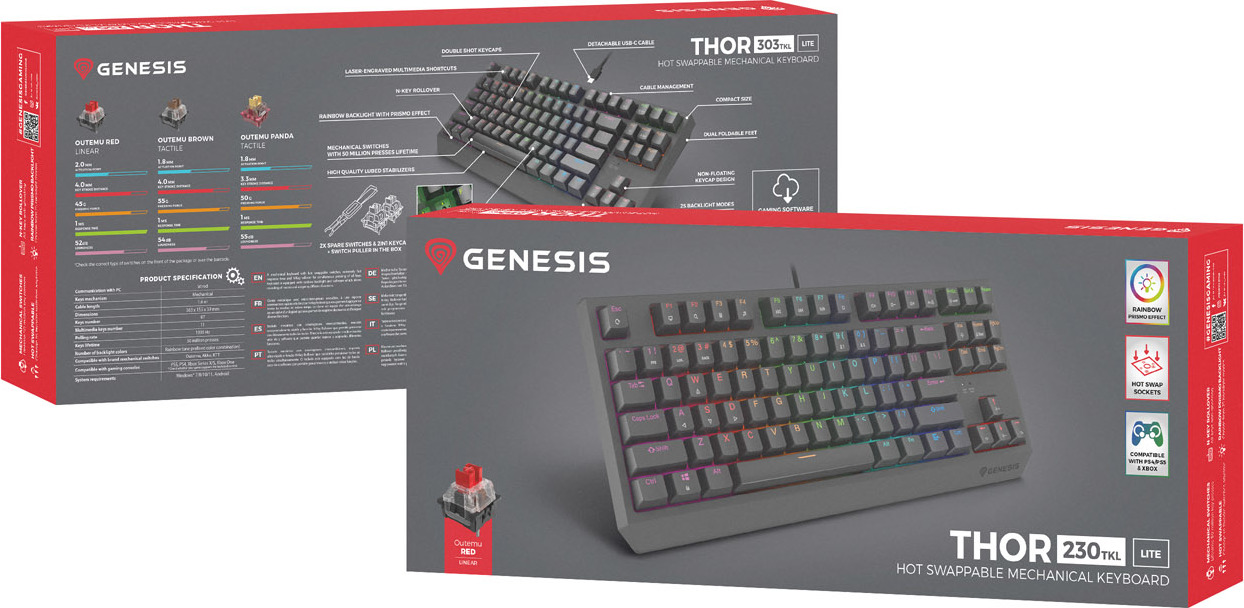 Genesis herní bezdrátová klávesnice THOR 230 Lite/Drátová USB/US layout/Černá
