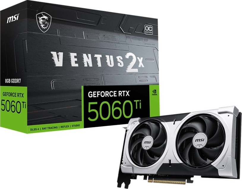 MSI VGA NVIDIA GeForce RTX 5060 Ti 8G VENTUS 2X OC PLUS, RTX 5060 Ti, 8GB GDDR7, 3xDP, 1xHDMI