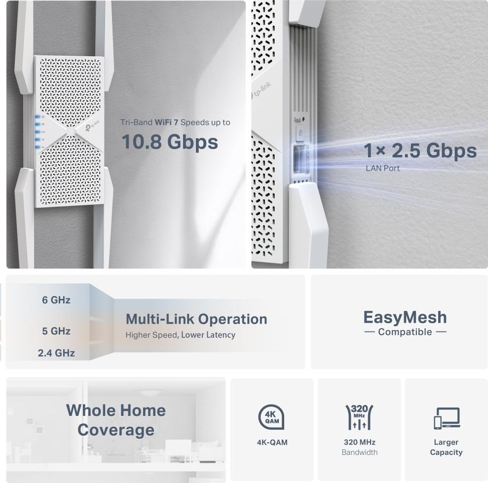 TP-Link RE655BE EasyMesh WiFi7 Extender/Repeater (BE11000,2,4GHz/5GHz/6GHz,1x2,5GbELAN)