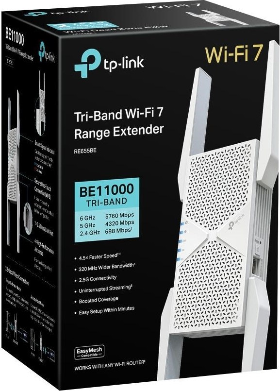 TP-Link RE655BE EasyMesh WiFi7 Extender/Repeater (BE11000,2,4GHz/5GHz/6GHz,1x2,5GbELAN)