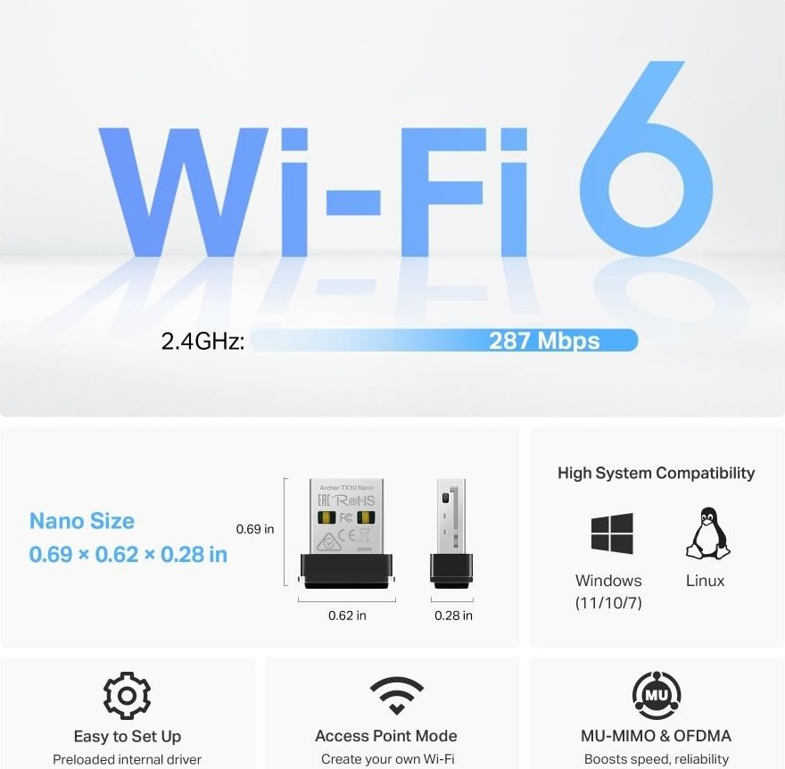 TP-Link Archer TX1U Nano WiFi6 USB adapter (AX300,2,4GHz/5GHz,USB2.0)