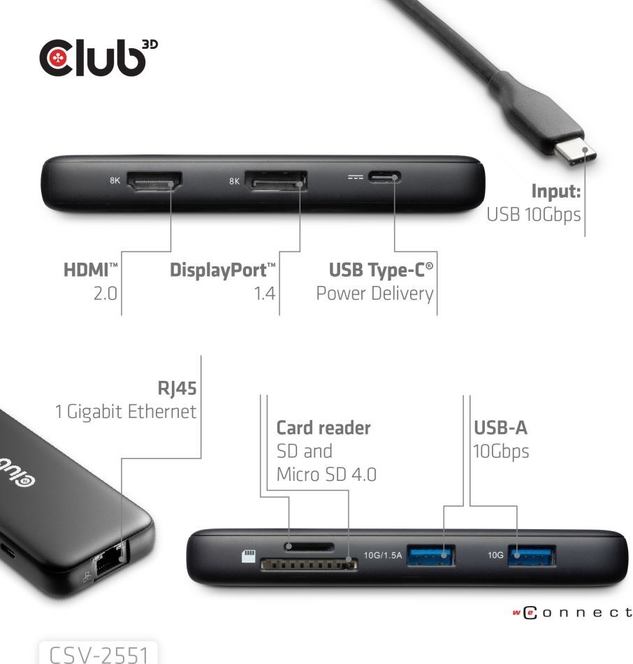 Club 3D Club3D Dokovací stanice USB-C 8v1, 1xHDMI, 1xDP, 1xUSB-C, 2xUSB, 1xRJ45, černá