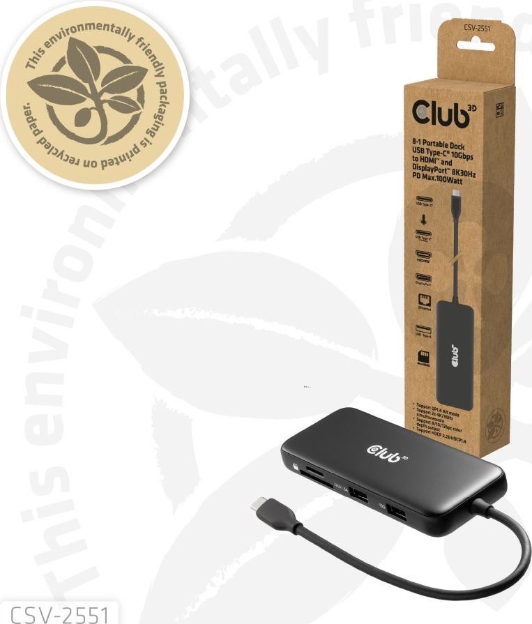 Club 3D Club3D Dokovací stanice USB-C 8v1, 1xHDMI, 1xDP, 1xUSB-C, 2xUSB, 1xRJ45, černá