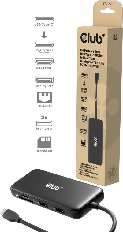 Club 3D Club3D Dokovací stanice USB-C 8v1, 1xHDMI, 1xDP, 1xUSB-C, 2xUSB, 1xRJ45, černá