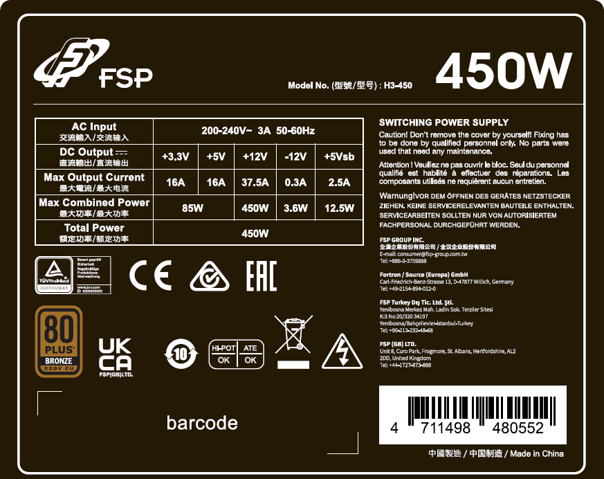 FSP HYPER 80+ PRO/450W/ATX 3.0/80PLUS Bronze 230V/Bulk