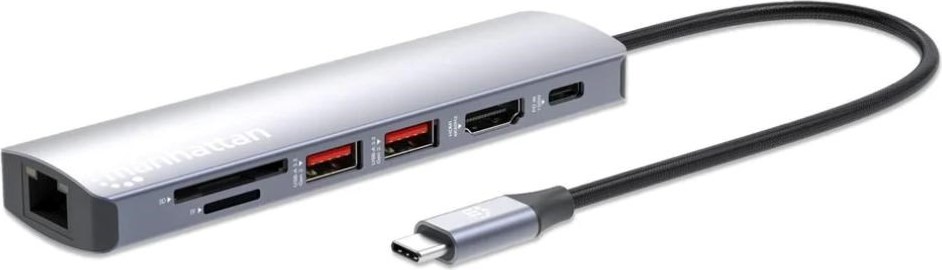 MANHATTAN Dokovací stanice USB-C 7v1, 1xHDMI, 1xUSB-C, 2xUSB, 1xRJ45, čtečka SD karet, šedá