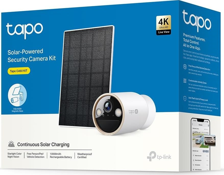 TP-Link Tapo C460 KIT venkovní kamera, solární panel (8MP, 4K, 2160p, IR 15m, WiFi, micro SD card, IP66)