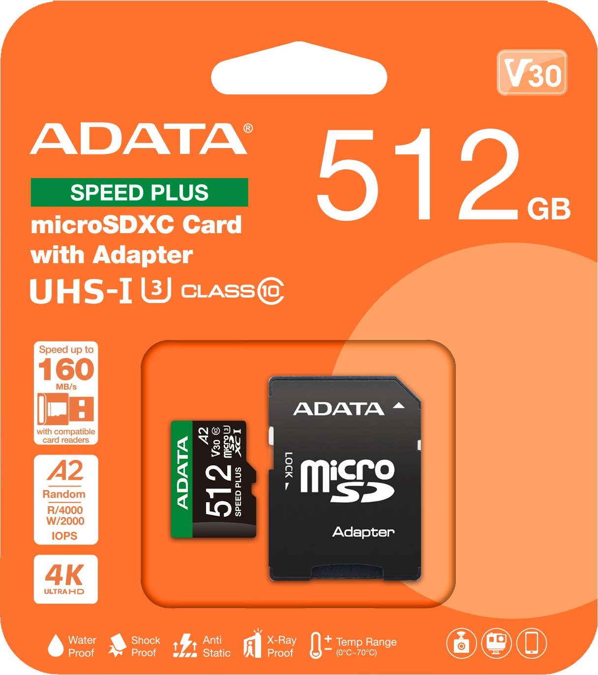 A-Data ADATA MicroSDXC karta 512GB Speed Plus, U3, C10, A2, V30 (R:180/W:160 MB/s) + SD adaptér
