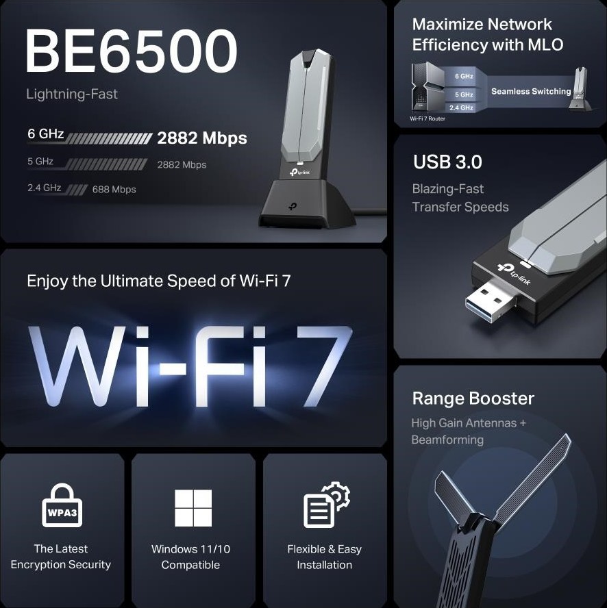 TP-Link Archer TBE400UH WiFi7 USB adapter (BE6500,2,4GHz/5GHz/6GHz,USB3.0)