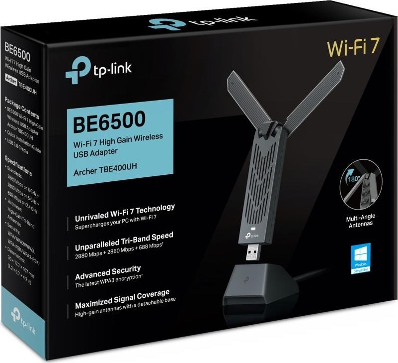 TP-Link Archer TBE400UH WiFi7 USB adapter (BE6500,2,4GHz/5GHz/6GHz,USB3.0)
