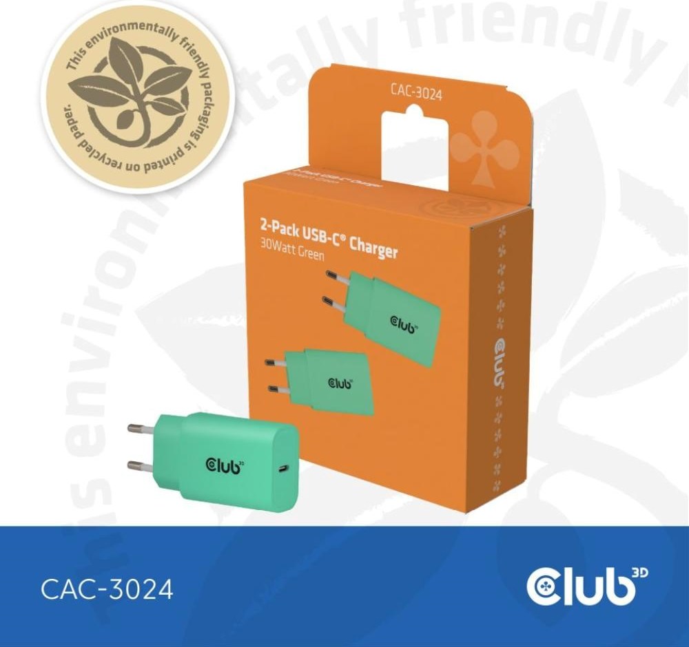 Club 3D Club3D Nabíječka, USB-C, Power Delivery 15V/2A, 2-pack, zelená