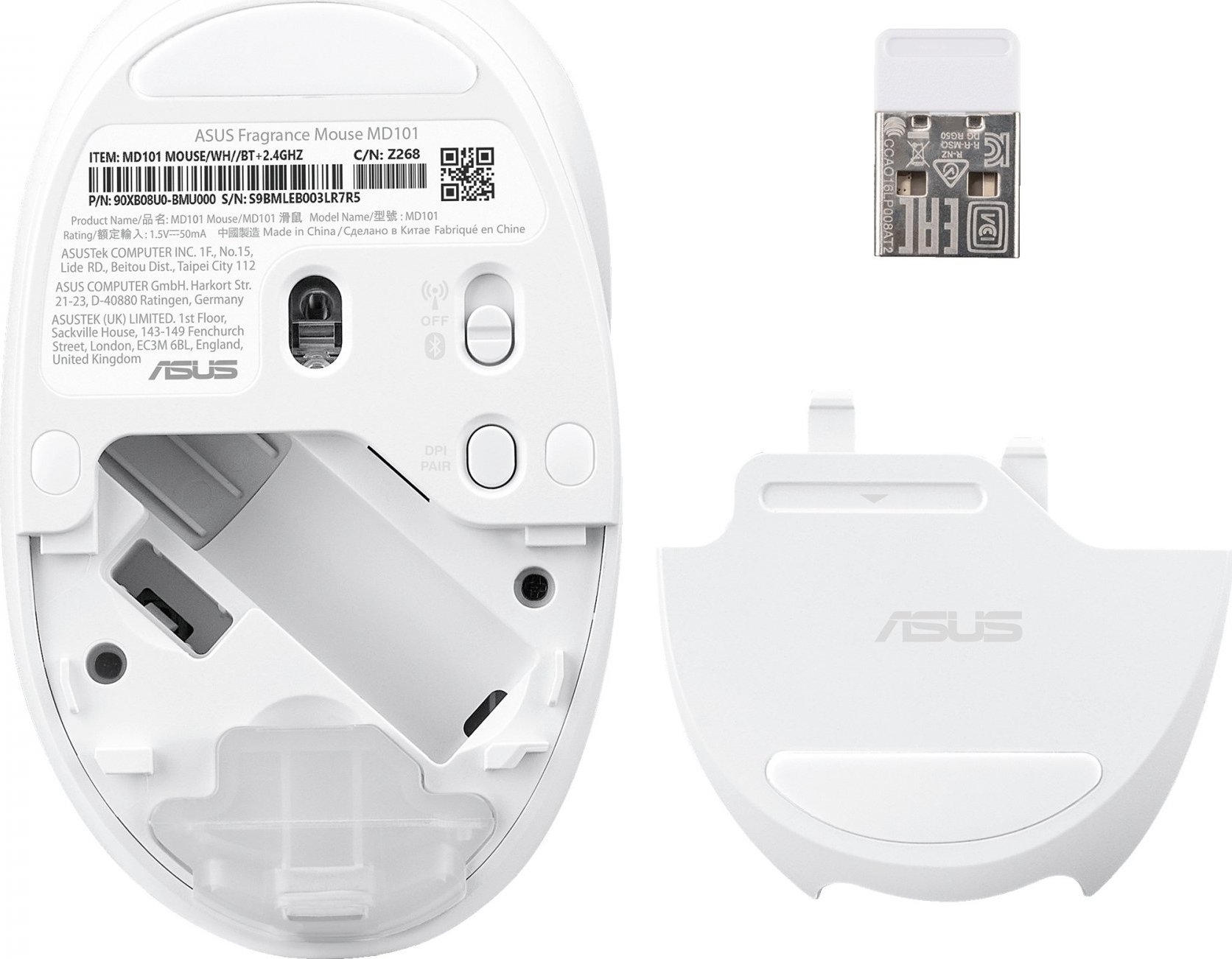 ASUS Fragrance Mouse MD101/Ergonomická/Optická/2 400 DPI/USB+BT/Bílá