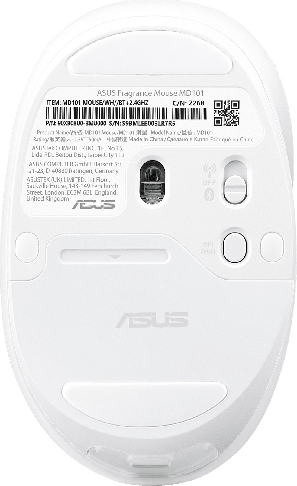 ASUS Fragrance Mouse MD101/Ergonomická/Optická/2 400 DPI/USB+BT/Bílá