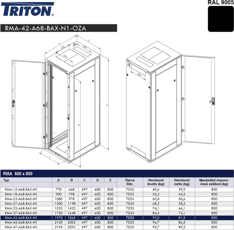 Triton SLEVA! Stoj.rack 42U 600x800 černý, zadní kryt síto 80%