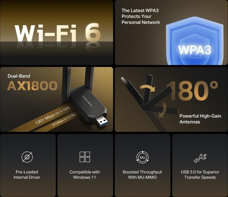 MERCUSYS MA72XH WiFi6 USB adapter (AX1800,2,4GHz/5GHz,USB3.0)