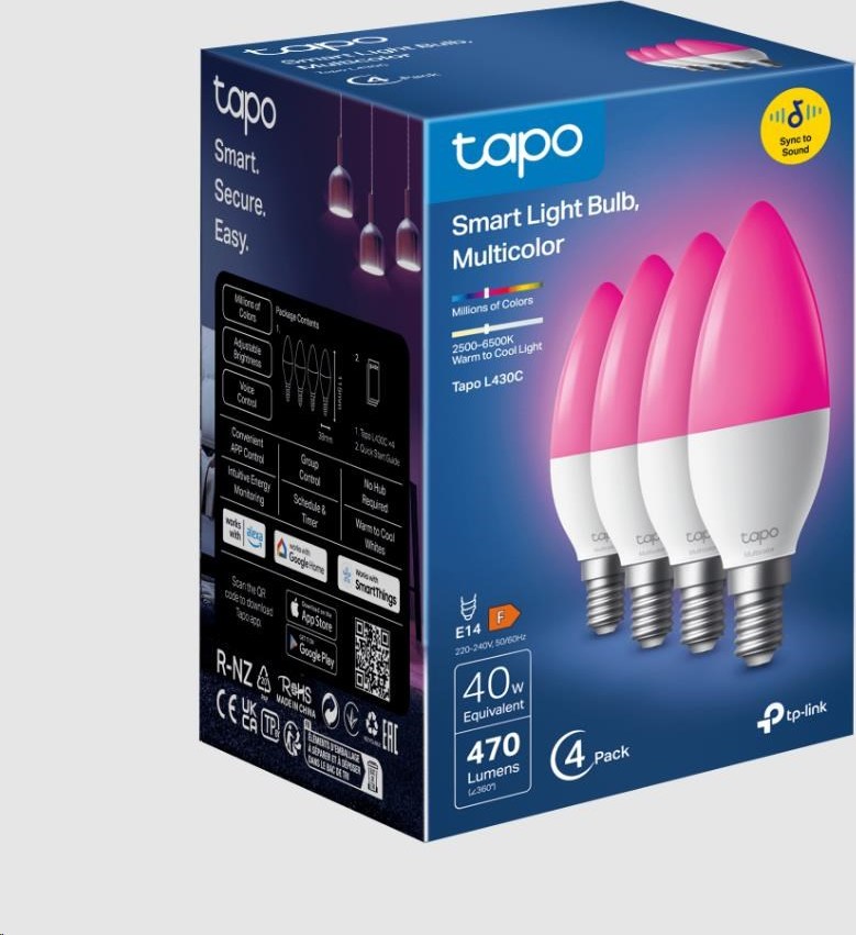 TP-Link Tapo L430C(4-pack) chytrá WiFi stmívatelná LED žárovka (barevná,2500K-6500K,470lm,2,4GHz,E14)