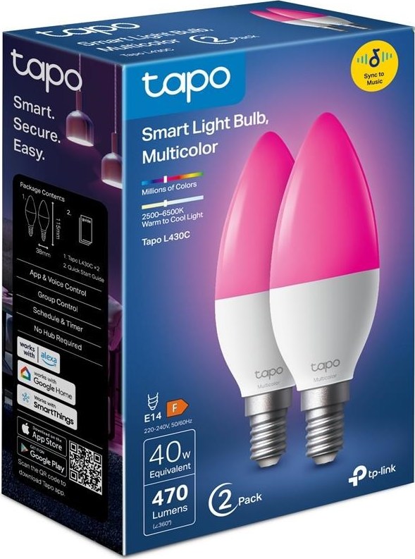 TP-Link Tapo L430C(2-pack) chytrá WiFi stmívatelná LED žárovka (barevná,2500K-6500K,470lm,2,4GHz,E14)