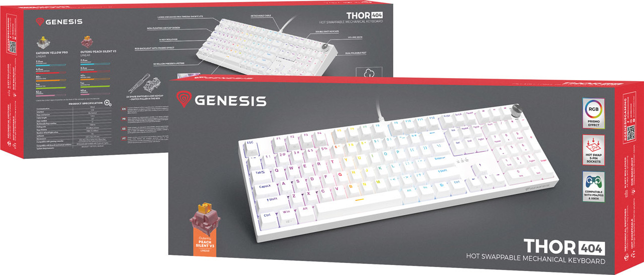 Herní mechanická klávesnice Genesis THOR 404/RGB/Outemu Peach Silent/Drátové USB-A/US layout/Bílá