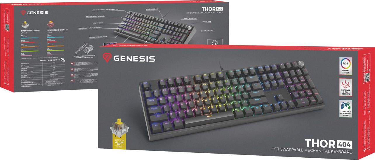 Herní mechanická klávesnice Genesis THOR 404/RGB/Gateron Yellow Pro/Drátové USB-A/US layout/Černá