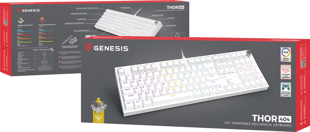 Herní mechanická klávesnice Genesis THOR 404/RGB/Gateron Yellow Pro/Drátové USB-A/US layout/Bílá